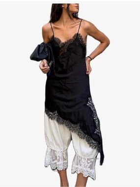 Black Lace-Trim Slip Dress with White Lace Bloomers